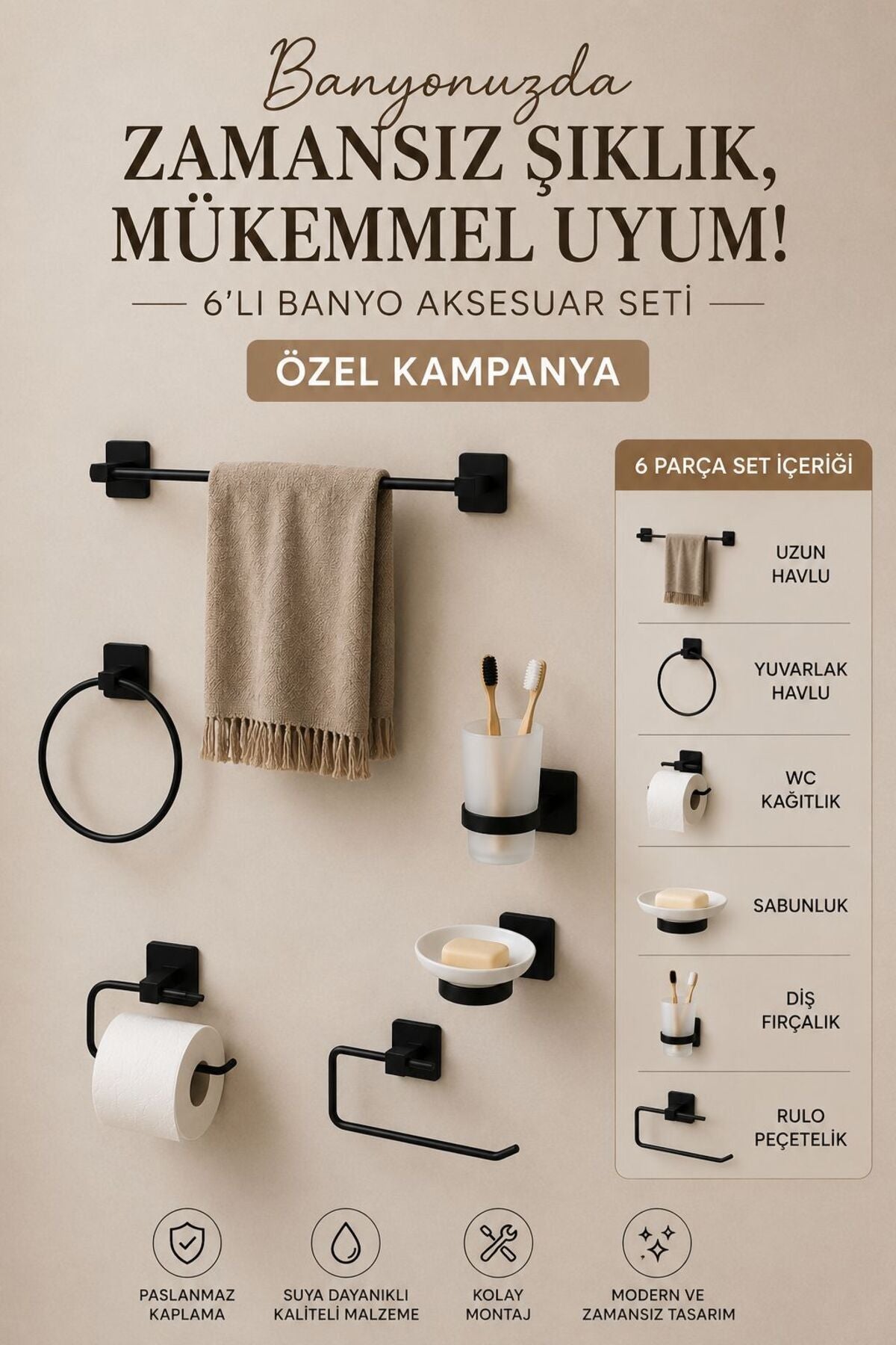 Siyah Çok Amaçlı 6'lı Banyo Aksesuar Düzenleyici Set