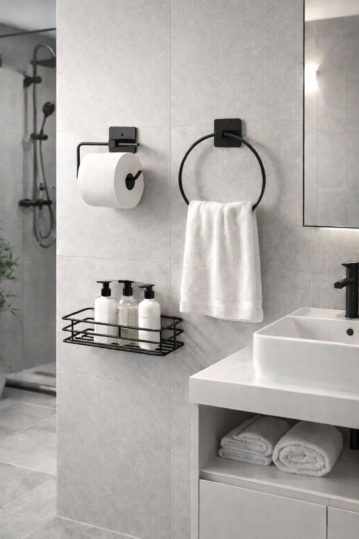 Yapışkanlı Banyo Düzenleyici 3'lü Set — Mat Siyah