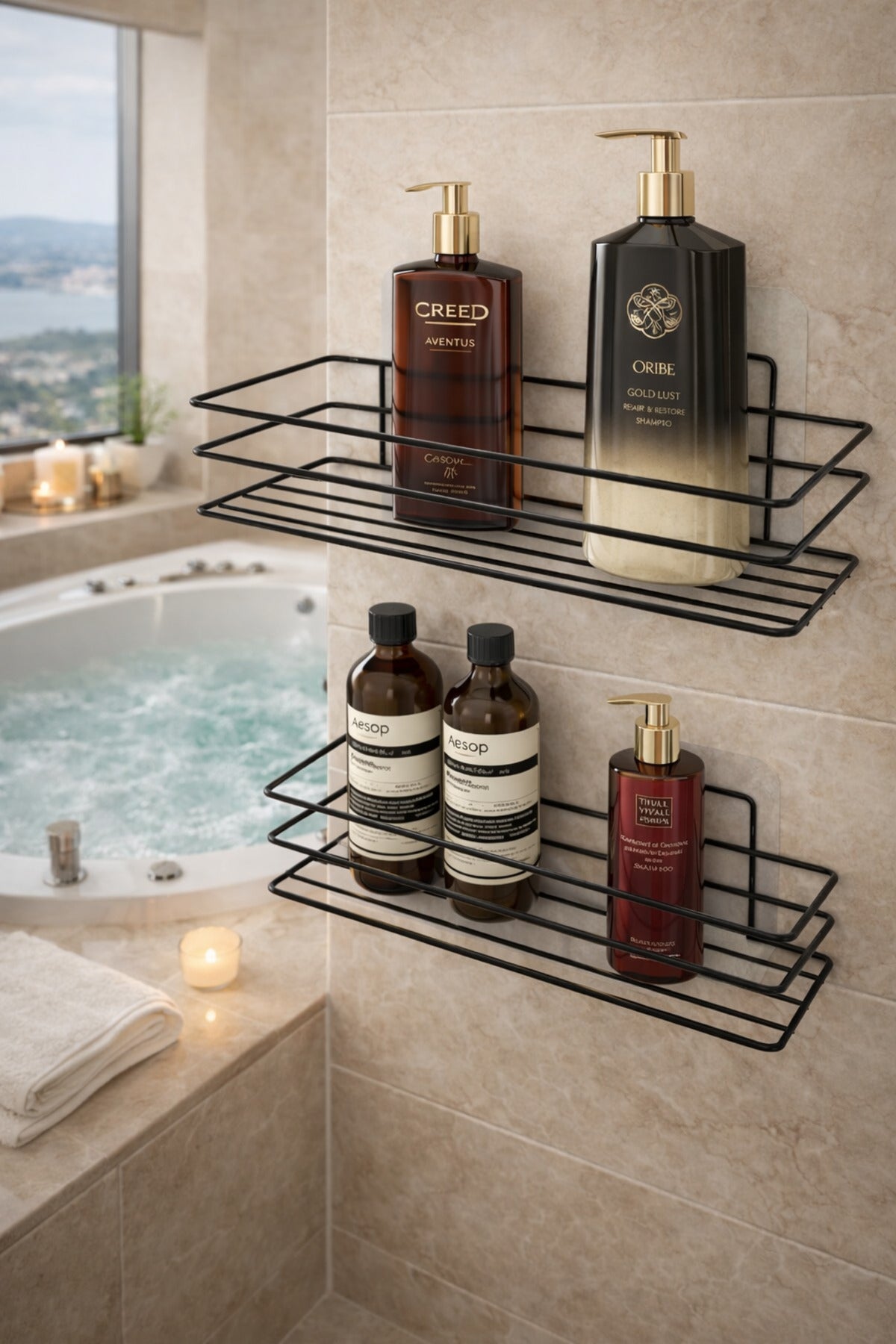 Yapışkanlı Siyah Banyo Düzenleyici Banyo Aksesuar Şampuanlık Duşakabin Rafı Askılık 2 li Set