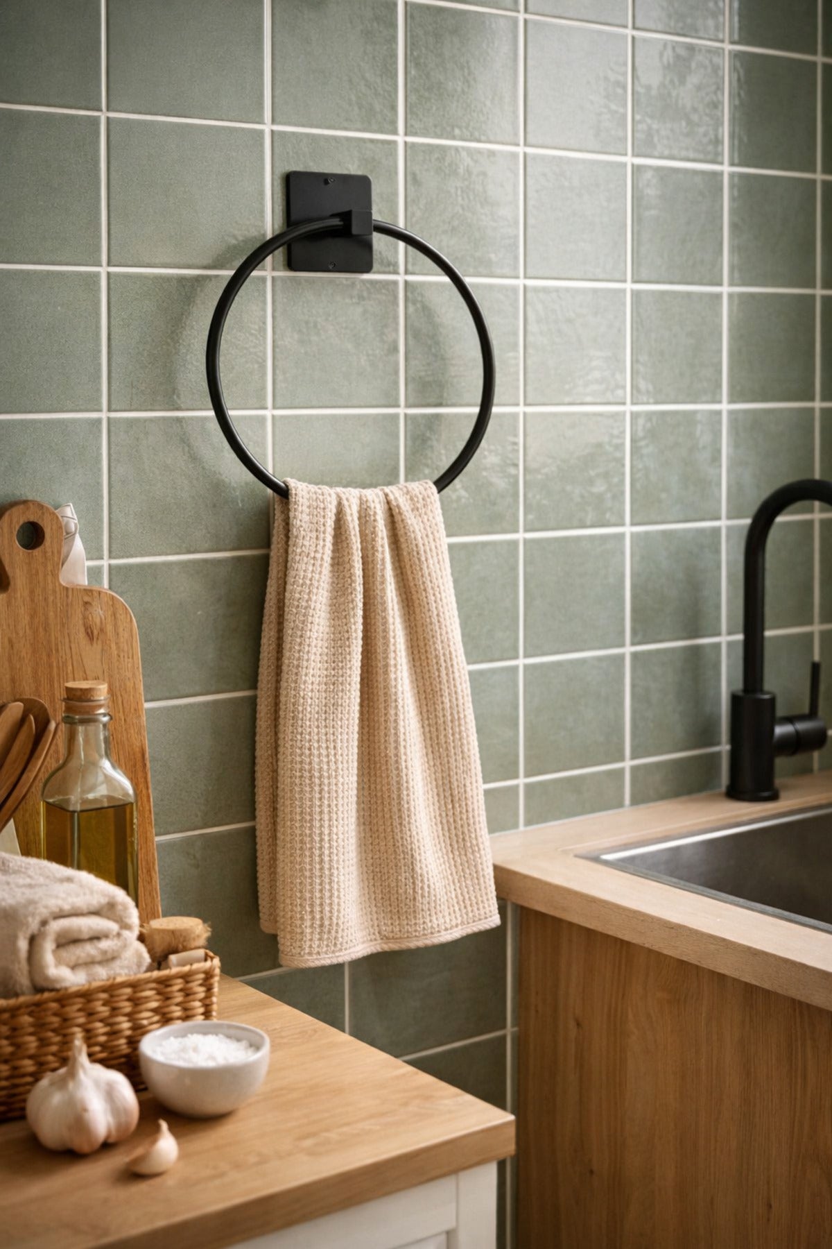 Yapışkanlı Siyah Yuvarlak Havluluk Banyo Mutfak Havlu Askılık