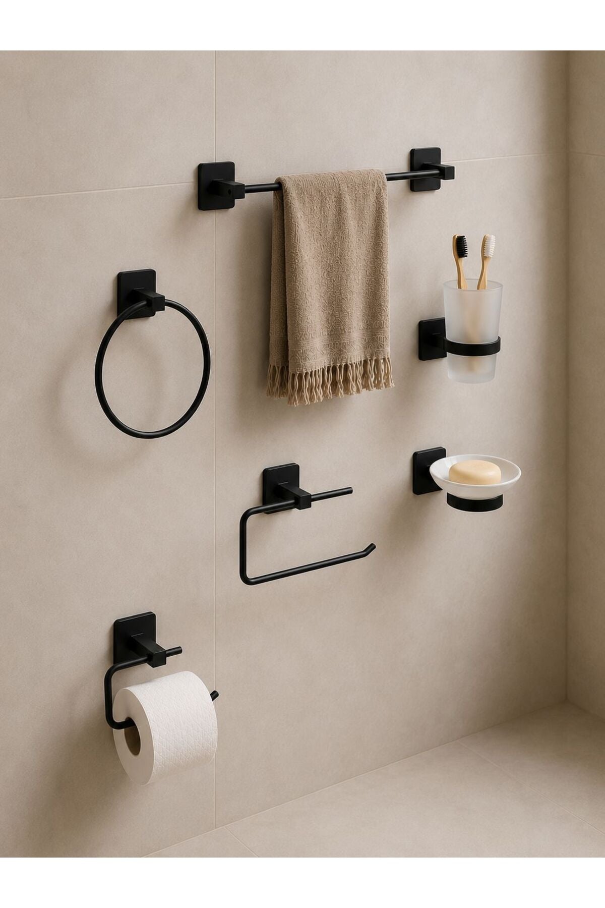 6 Parçalı Çok Amaçlı Banyo Düzenleyici Set — Mat Siyah