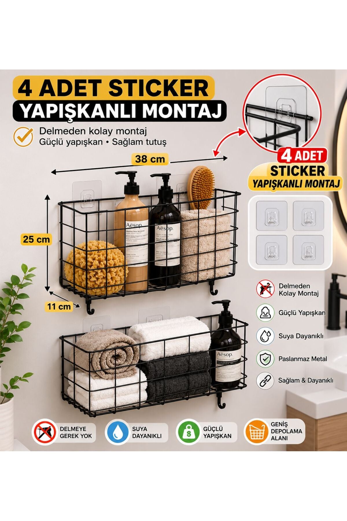 2'li Yapışkanlı Asılı Organizer Sepeti