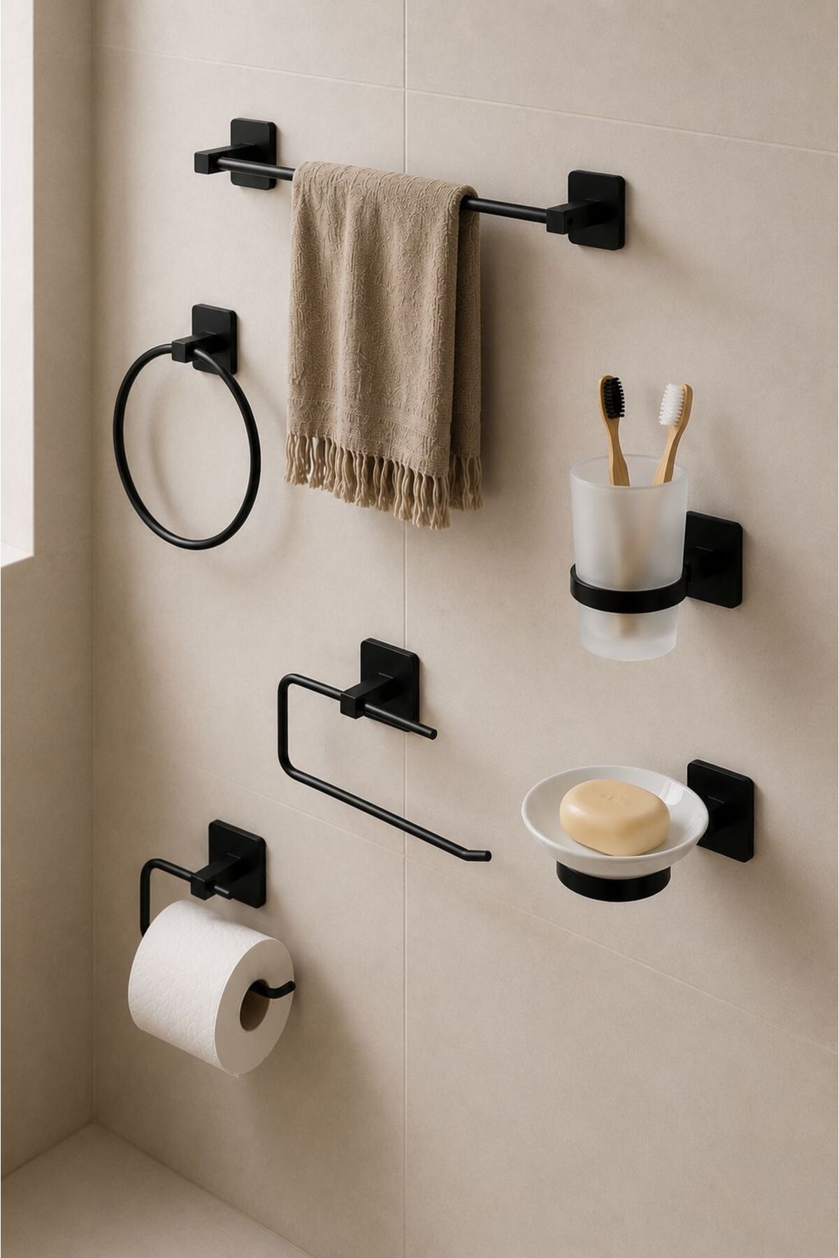 6 Parçalı Çok Amaçlı Banyo Düzenleyici Set — Mat Siyah