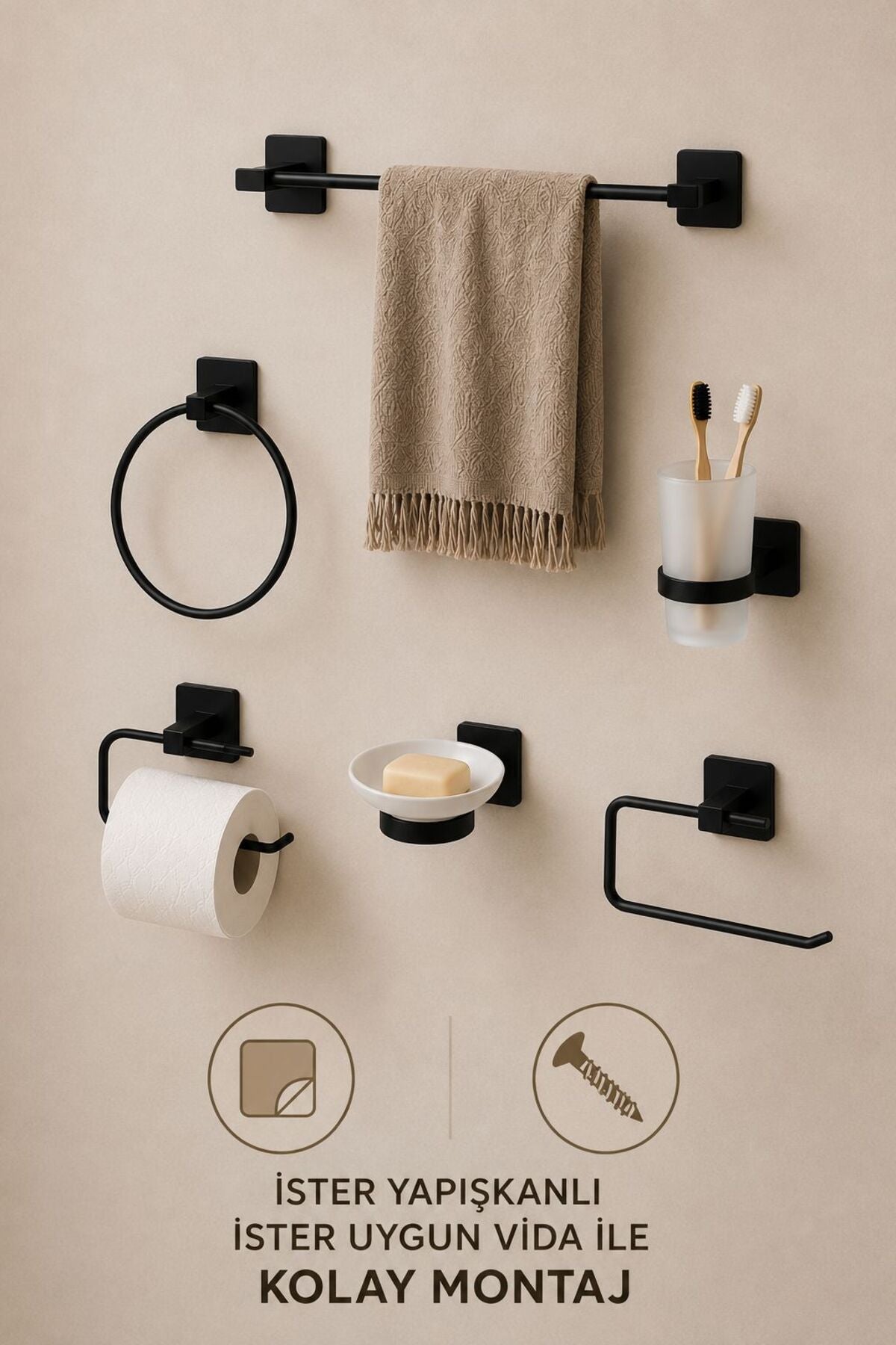6 Parçalı Çok Amaçlı Banyo Düzenleyici Set — Mat Siyah