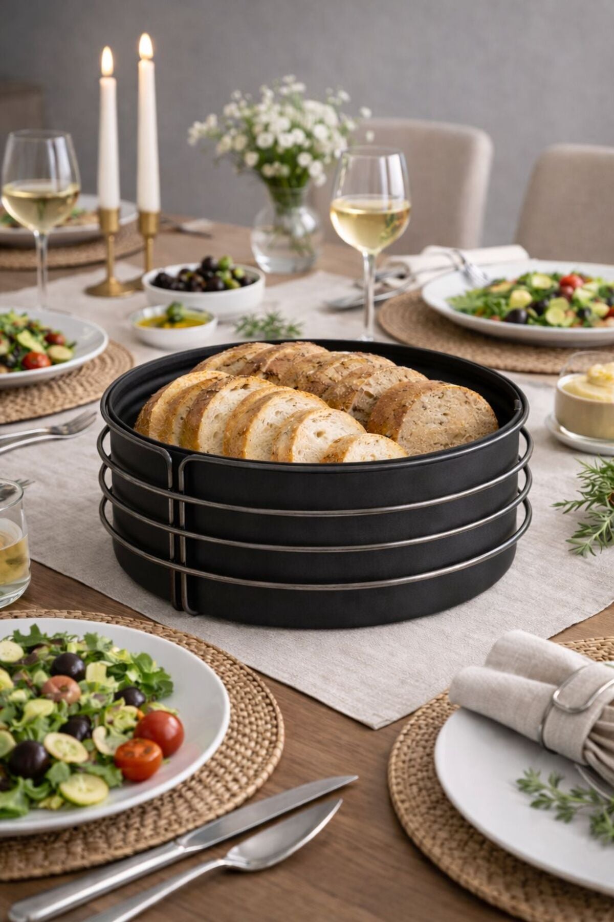 Yuvarlak Ekmek Sepeti, Kumaş Astarlı — Mat Siyah