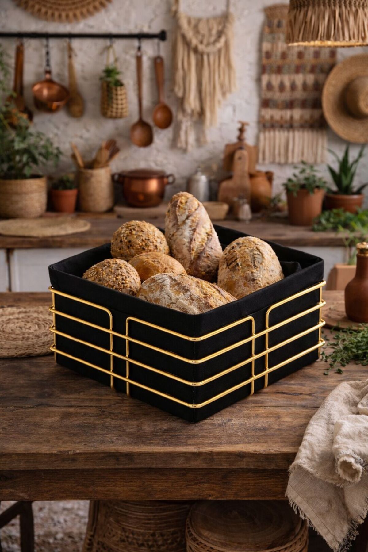 Kare Ekmek Sepeti, Kumaş Astarlı — Gold