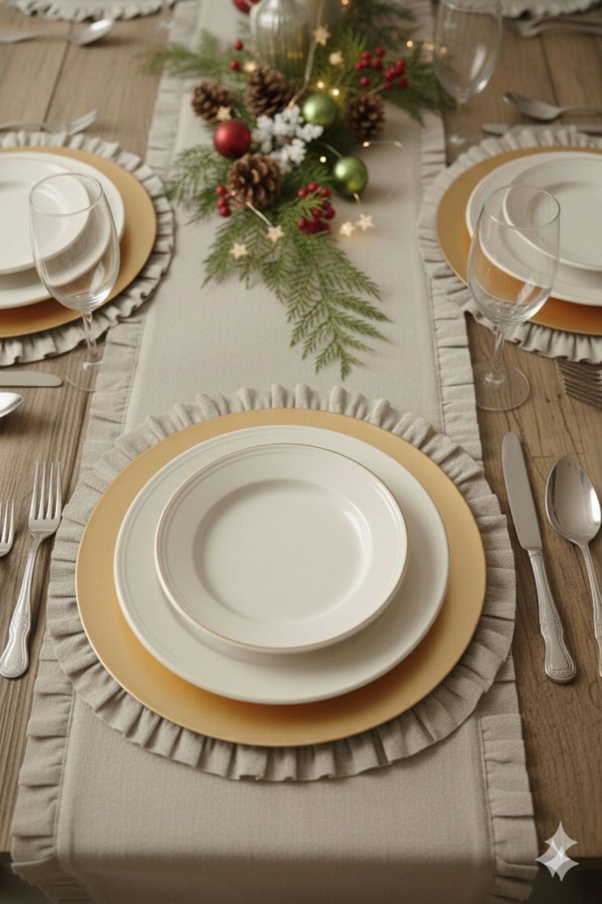 Krem Fırfırlı Runner ve 6 Adet Supla, Sofra Aksesuar Takımı 7 Parça 150x50