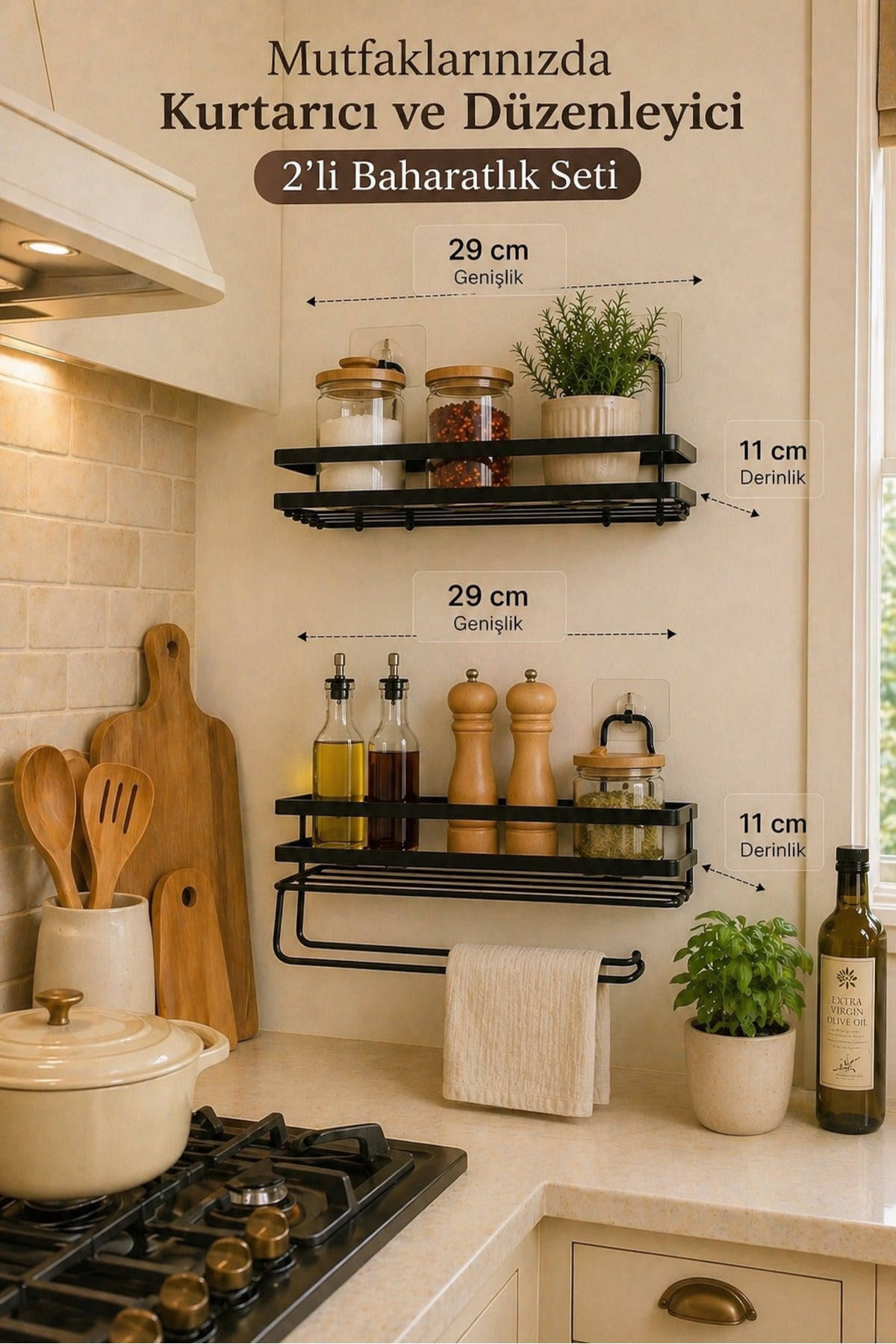 Lamalı 1 Düz 1 Havlulu Baharatlık Rafı Çok Amaçlı Mutfak Düzenleyici 2li Lamalı Metal Organizer Set