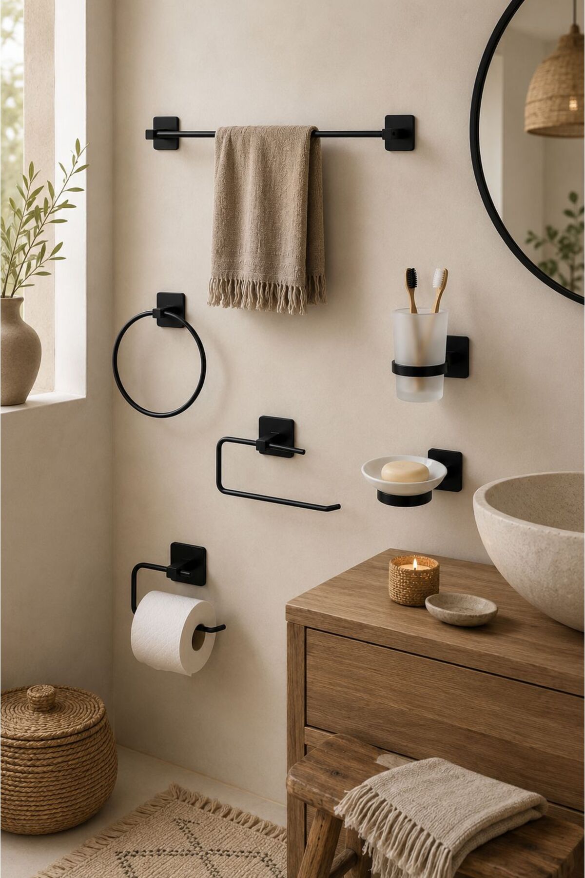 6 Parçalı Çok Amaçlı Banyo Düzenleyici Set — Mat Siyah
