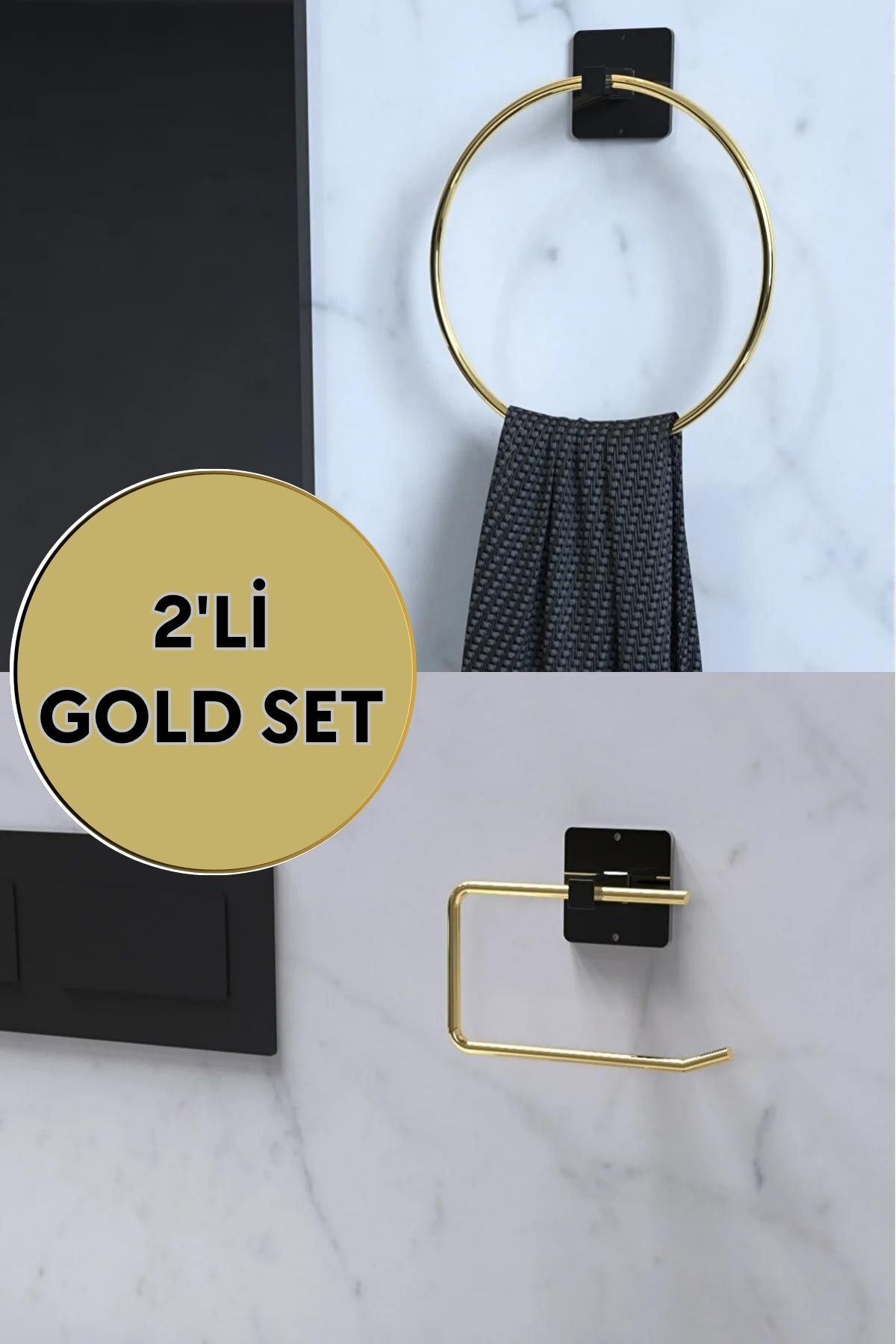 2'li Banyo Seti, Havluluk ve Kağıtlık — Gold
