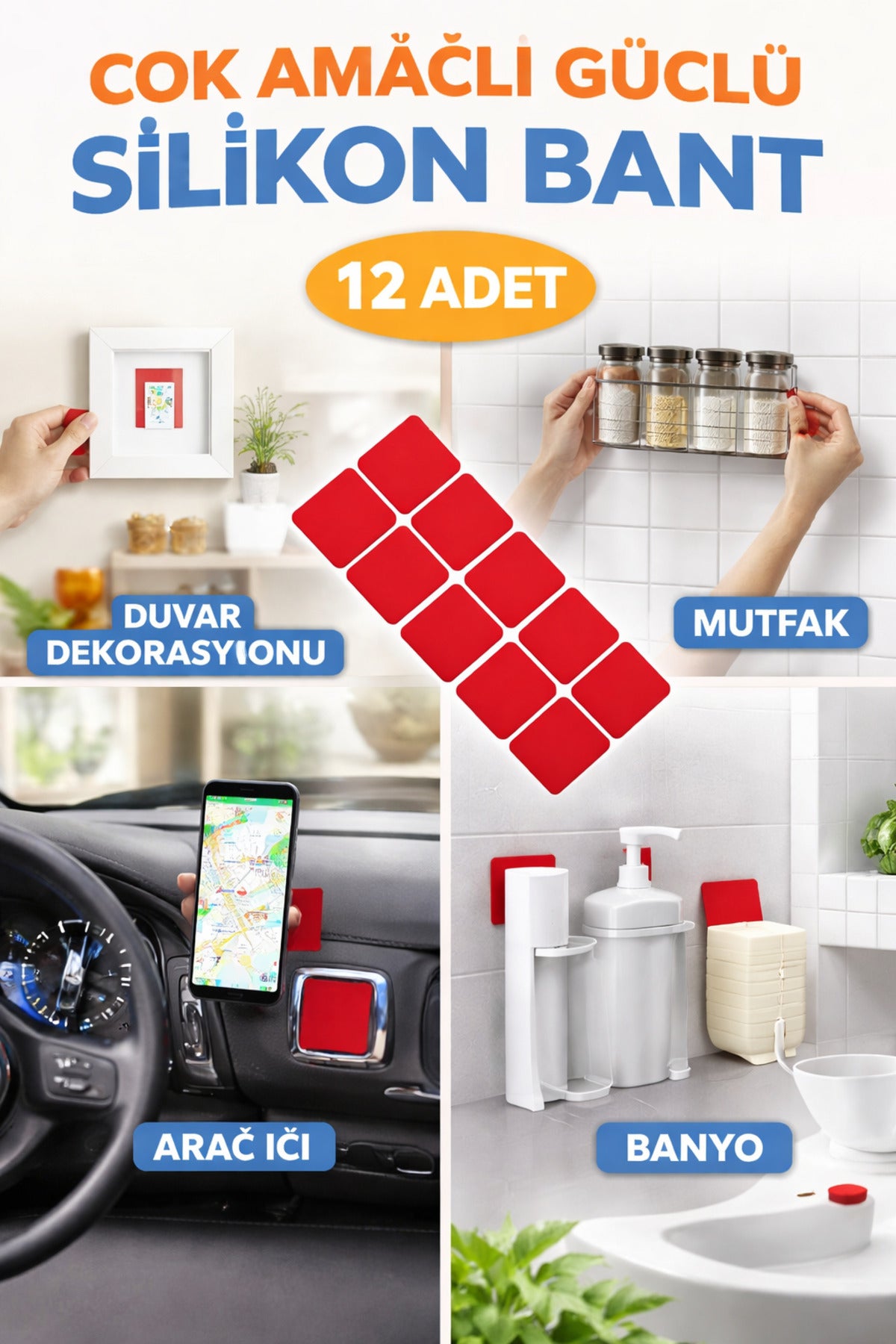 Extra Güçlü Çok Amaçlı Çift Taraflı Yapışkan Slikon Bant 12 Adet