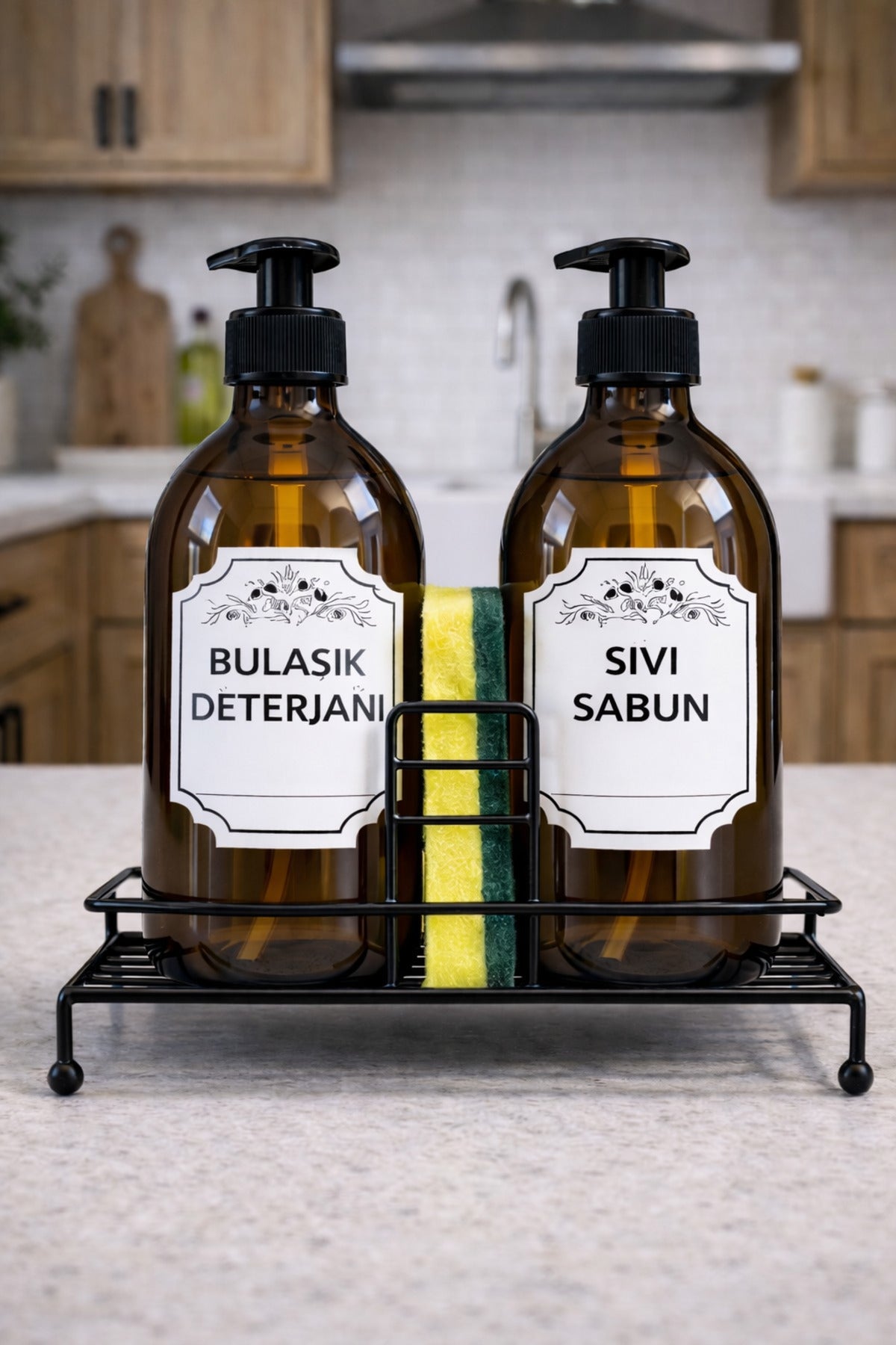 Standlı Sıvı Sabunluk Seti, 500 ml Amber Cam