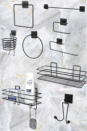 9'lu Set Siyah Fön Makinesi Askısı Havluluk Wc/Tuvalet Kağıtlık Rulo Havluluk Şampunanlık Banyo Set