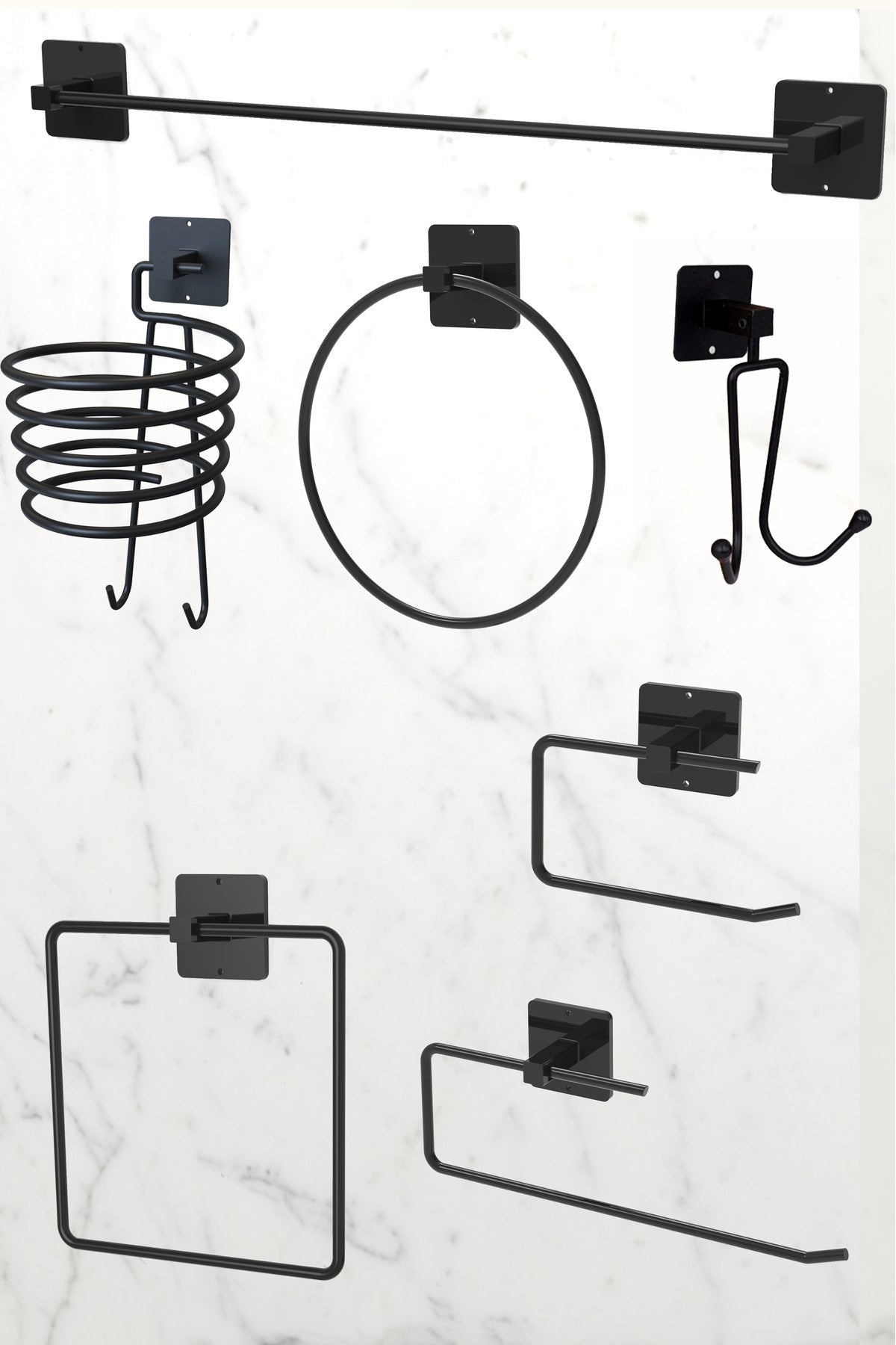 7'li Süper Set Siyah Fön Makinesi Askısı Havluluk Wc/Tuvalet Kağıtlık Rulo Havluluk Mutfak Banyo Set
