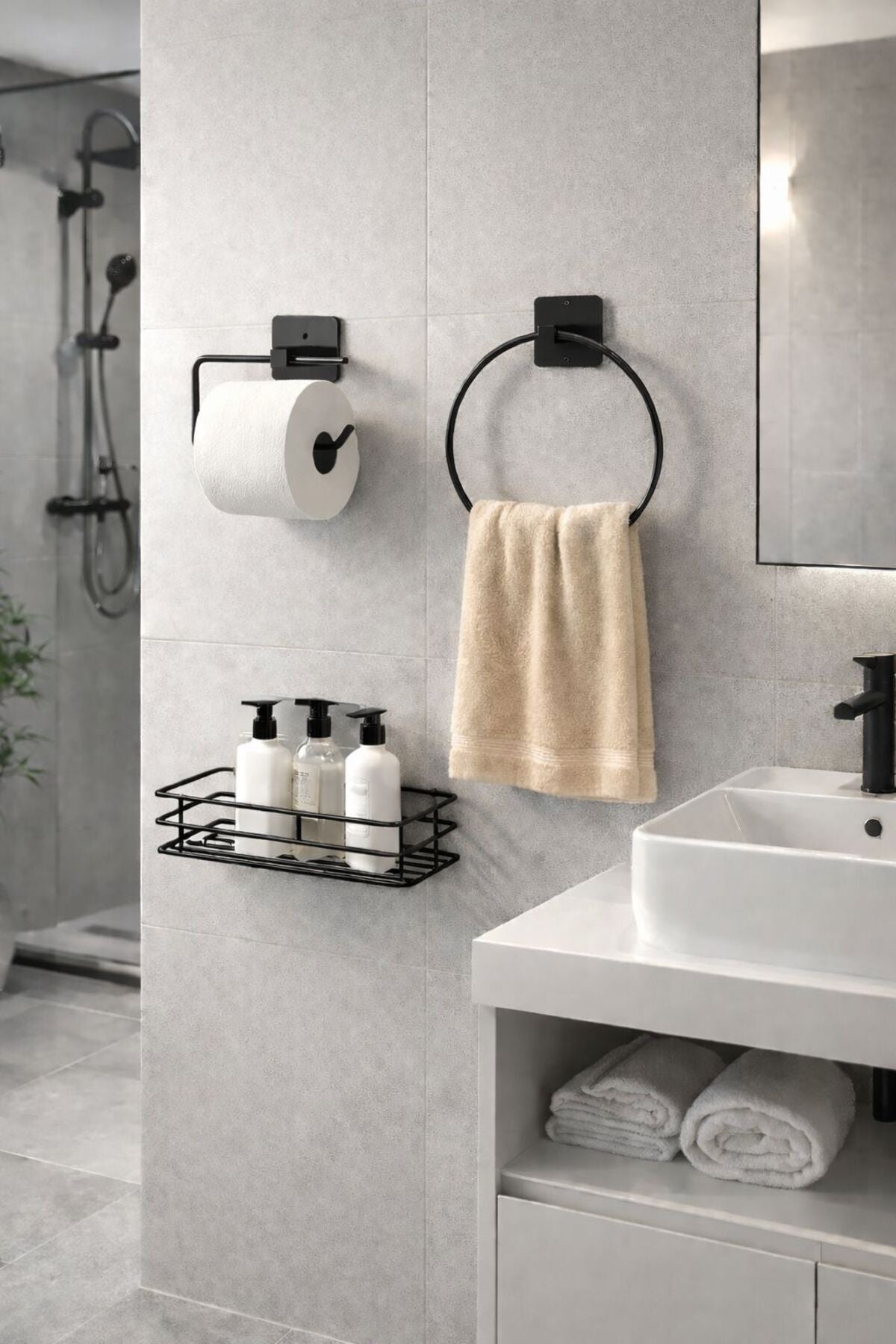 3'lü Set Yapışkanlı Banyo Düzenleyici Duşakabin Şampuanlık Banyo Rafı WC Kağıtlık ve Havluluk