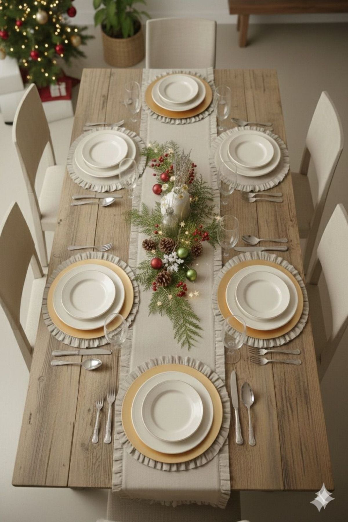 Krem Fırfırlı Runner ve 6 Adet Supla, Sofra Aksesuar Takımı 7 Parça 150x50