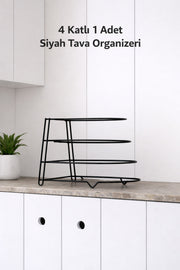 4 Katlı Bölmeli Metal Organizer Tava Rafı Siyah Mutfak Düzenleyici