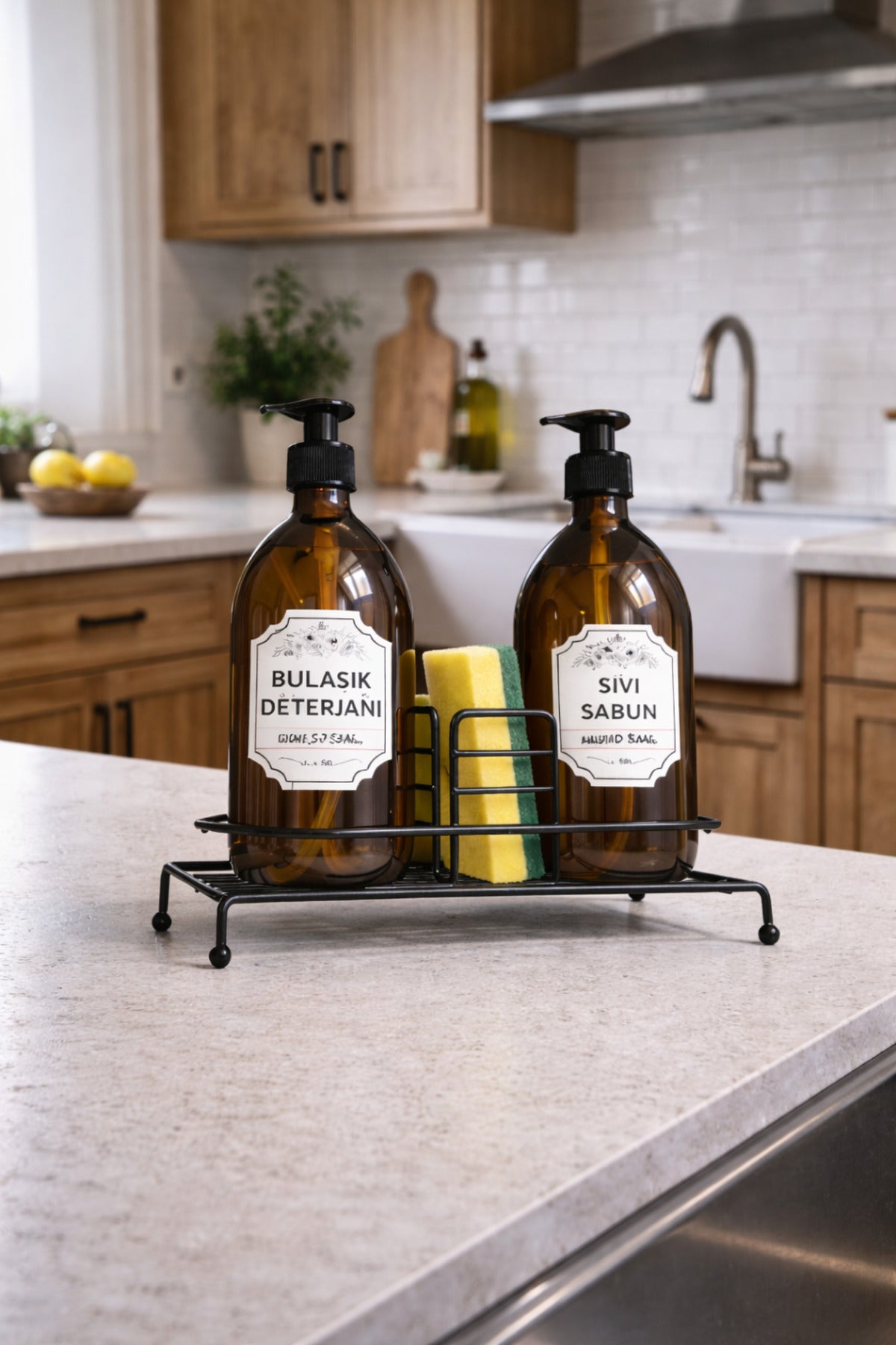 Standlı Sıvı Sabunluk Seti, 500 ml Amber Cam