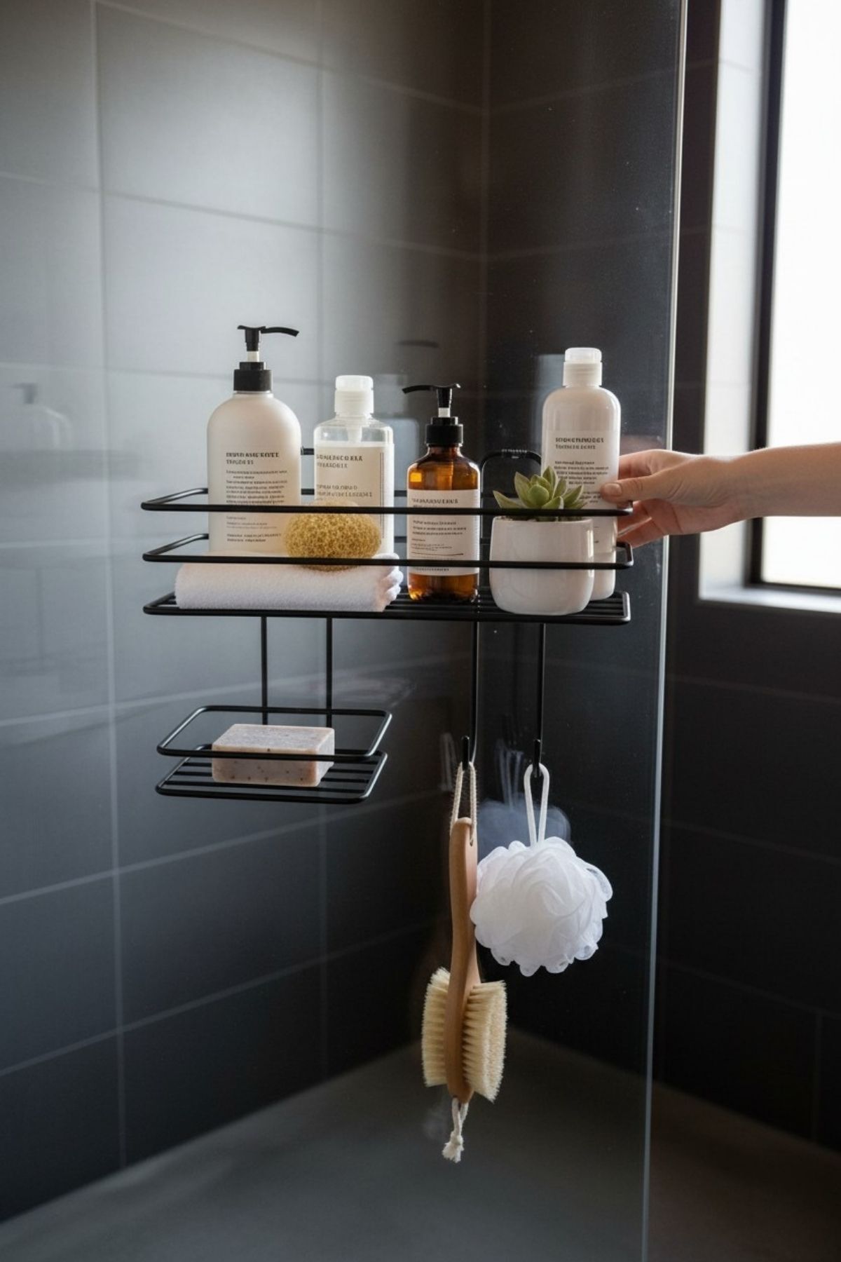 3'ü 1 Arada Banyo Düzenleyici, Kancalı ve Sabunluklu — Mat Siyah