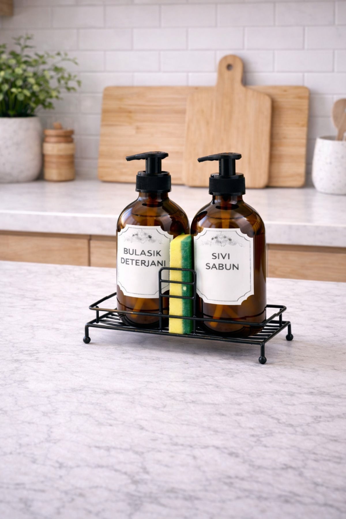 Standlı Sıvı Sabunluk Seti, 500 ml Amber Cam
