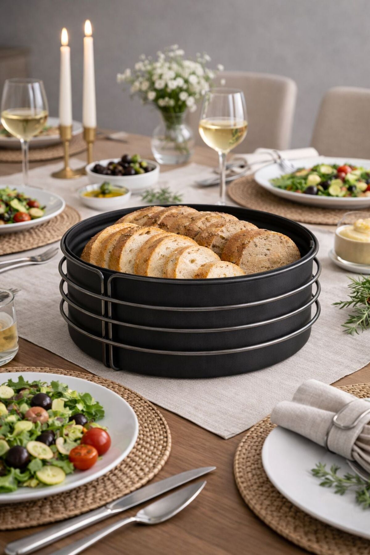 Yuvarlak Ekmek Sepeti, Kumaş Astarlı — Mat Siyah